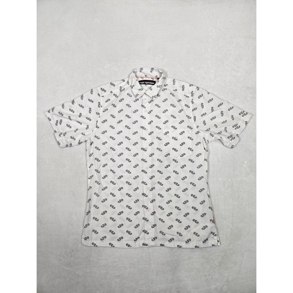 Reyn Spooner‎ Camp Shirt Seahorses Aztec Hawaiian White Men's Small FLAW